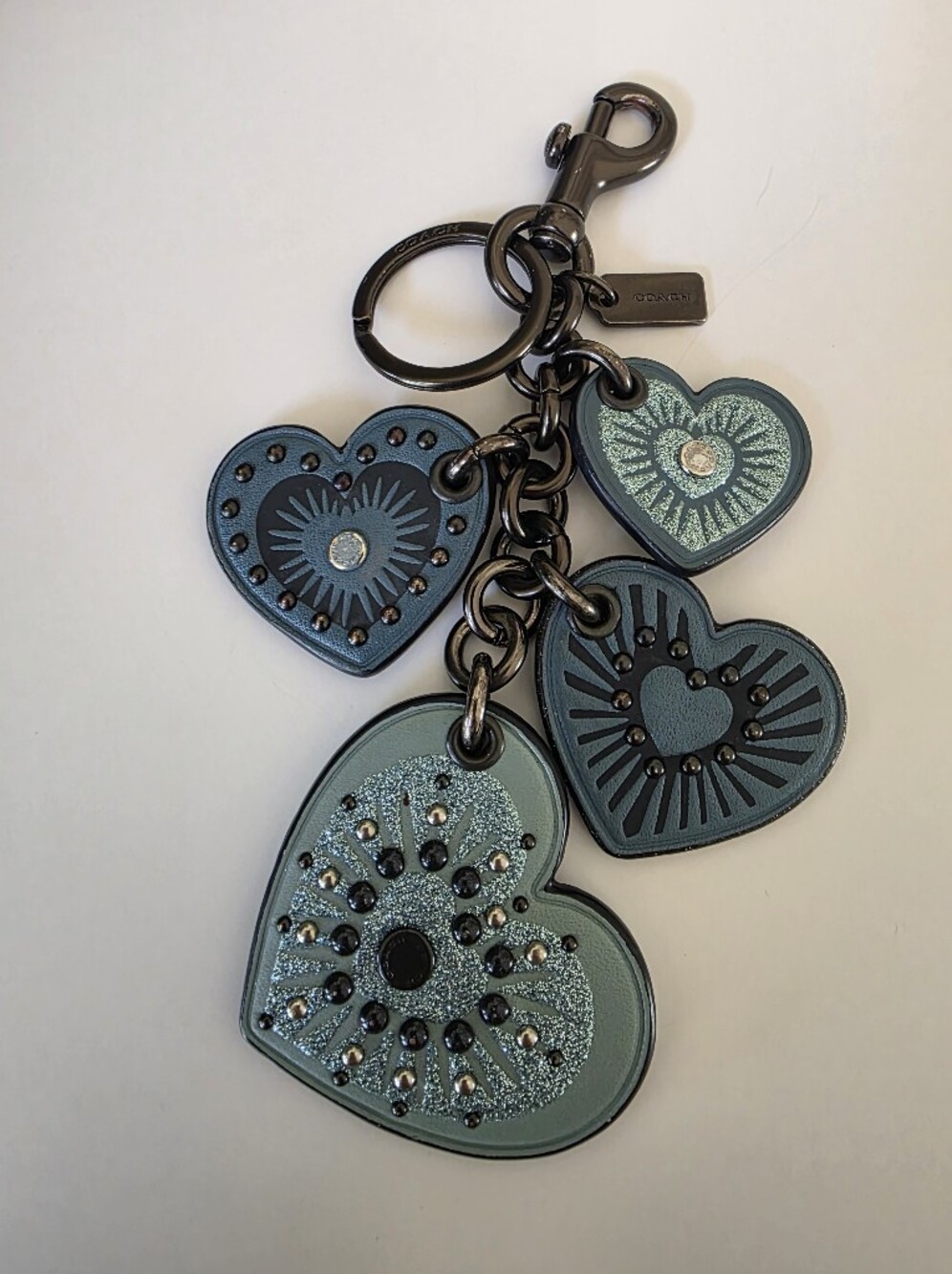 Coach Heart Motif Leather Bag Charm Key Fob Blue Studded Glitter Hard To Find - Picture 9 of 14
